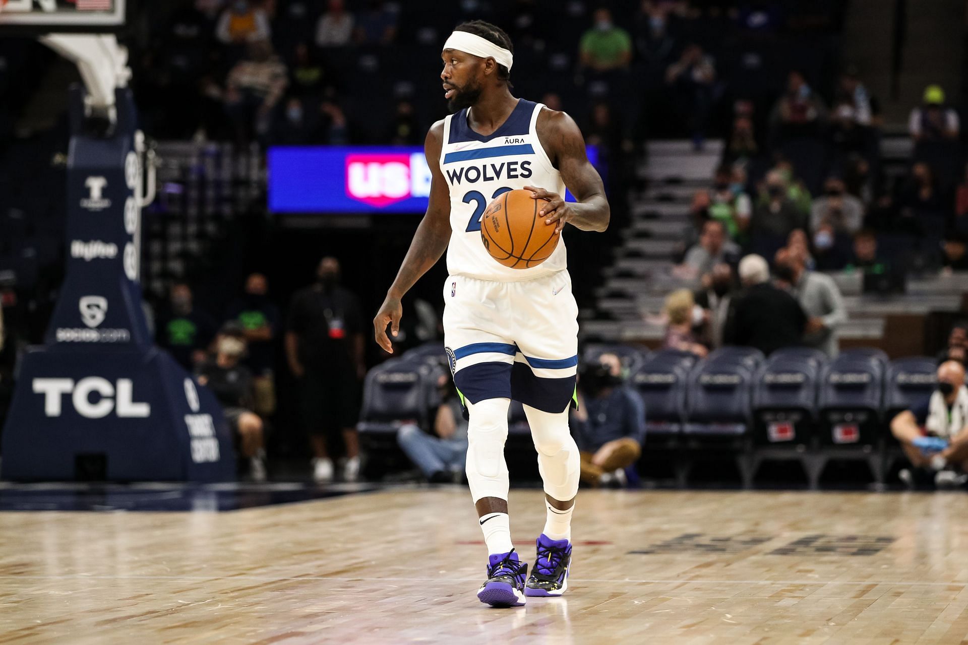 Patrick Beverley #22 of the Minnesota Timberwolves looks on against the New Orleans Pelicans in the first quarter of a preseason game at Target Center.